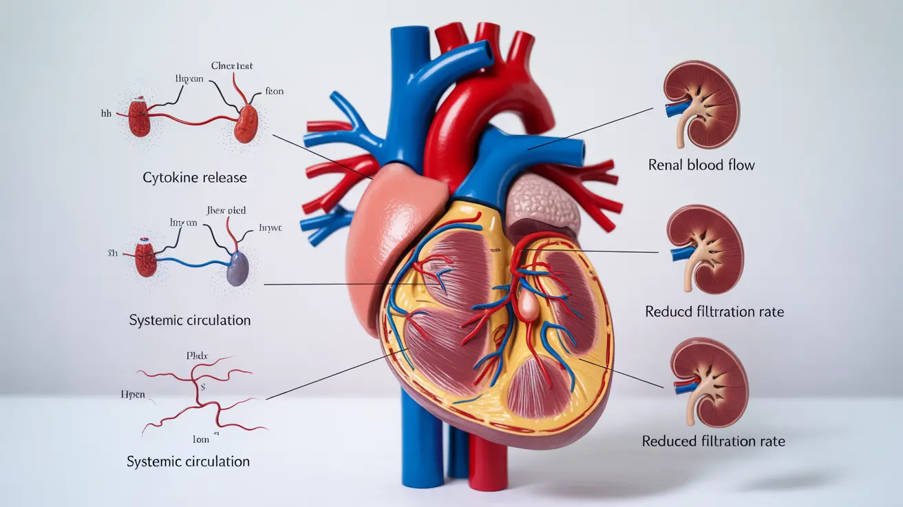 Detailed illustration showing anatomical relationship and impact of heart surgery on kidney function with labeled elements, clinical style, white background