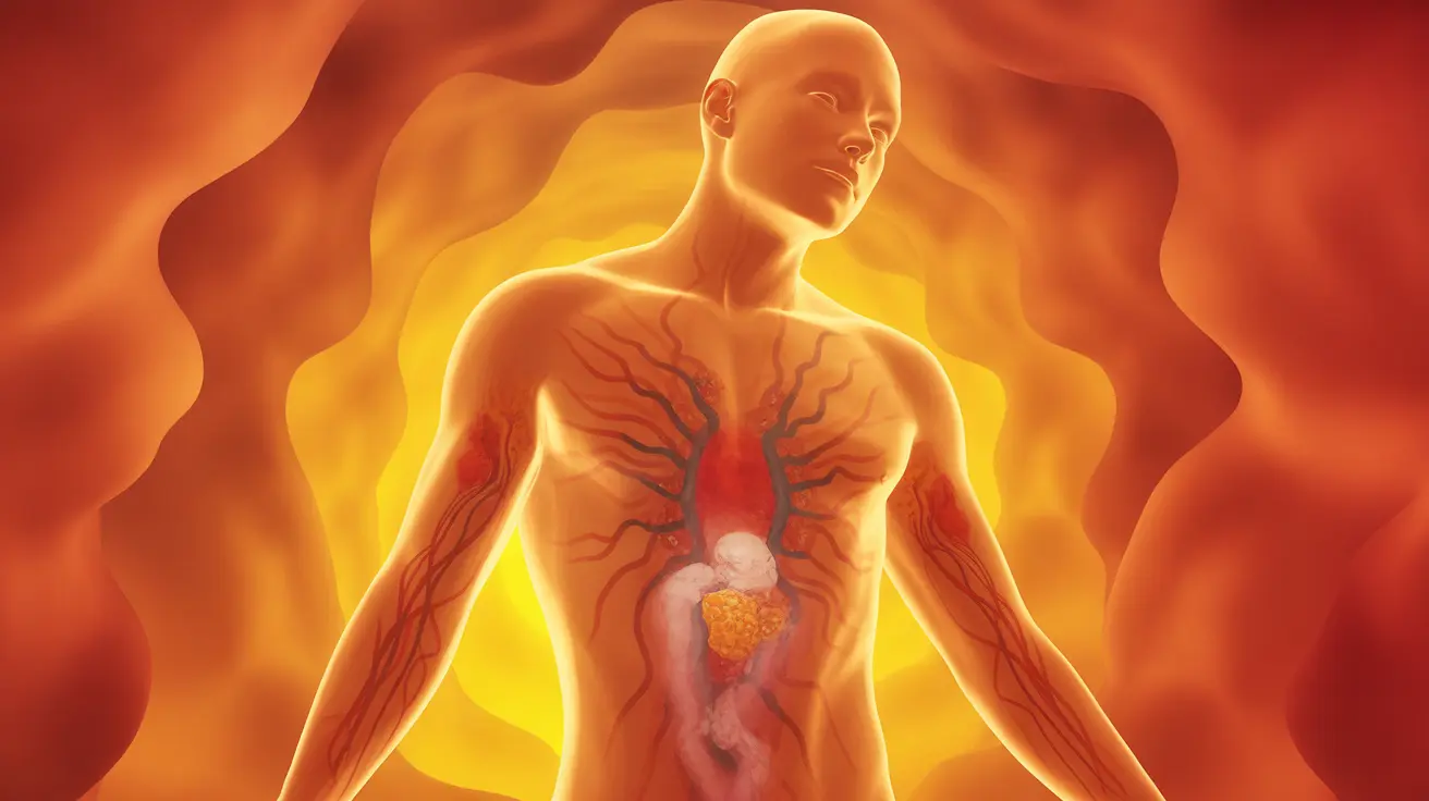 Abstract concept with warm colors, depicting human body with inflammation from heat exposure, symbols of immune response and cardiovascular stress, energetic background