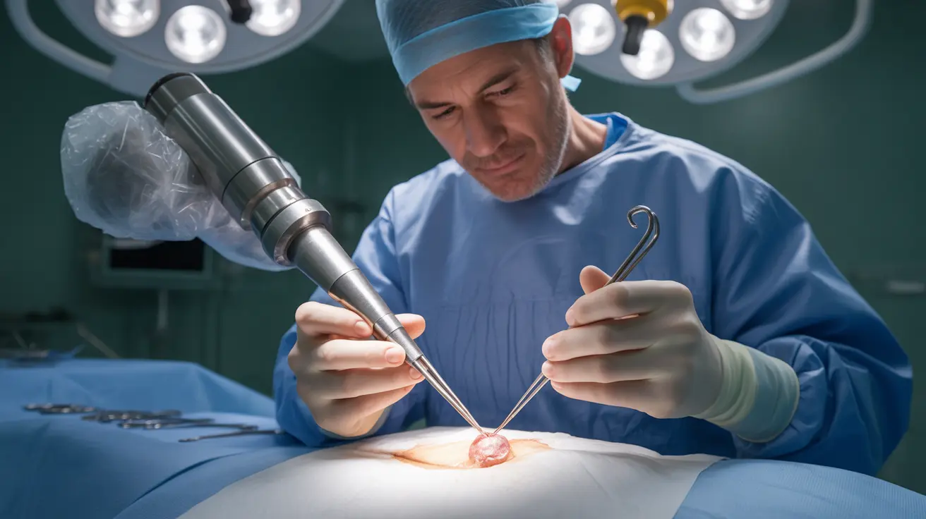Detailed illustration depicting a surgeon in a bright clinical setting performing heel spur removal surgery, focusing on the surgical site with instruments.