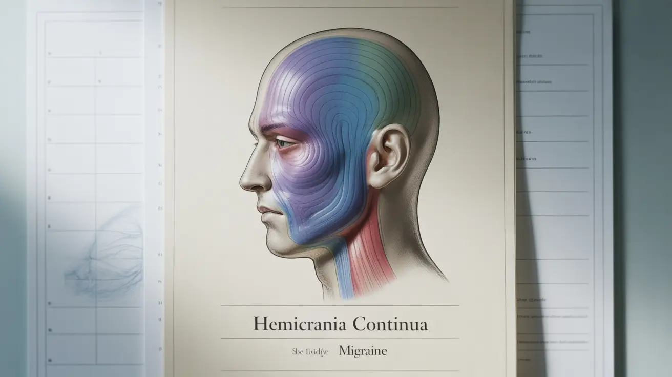 Illustration of human head showing one-sided head pain for hemicrania continua with gradient colors indicating pain levels