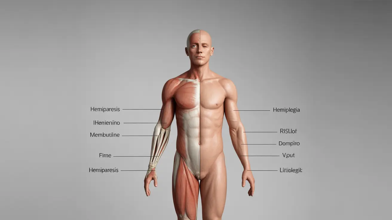 Illustration of a human figure split to show hemiparesis with muscle weakness and hemiplegia with complete paralysis, labeled muscle groups