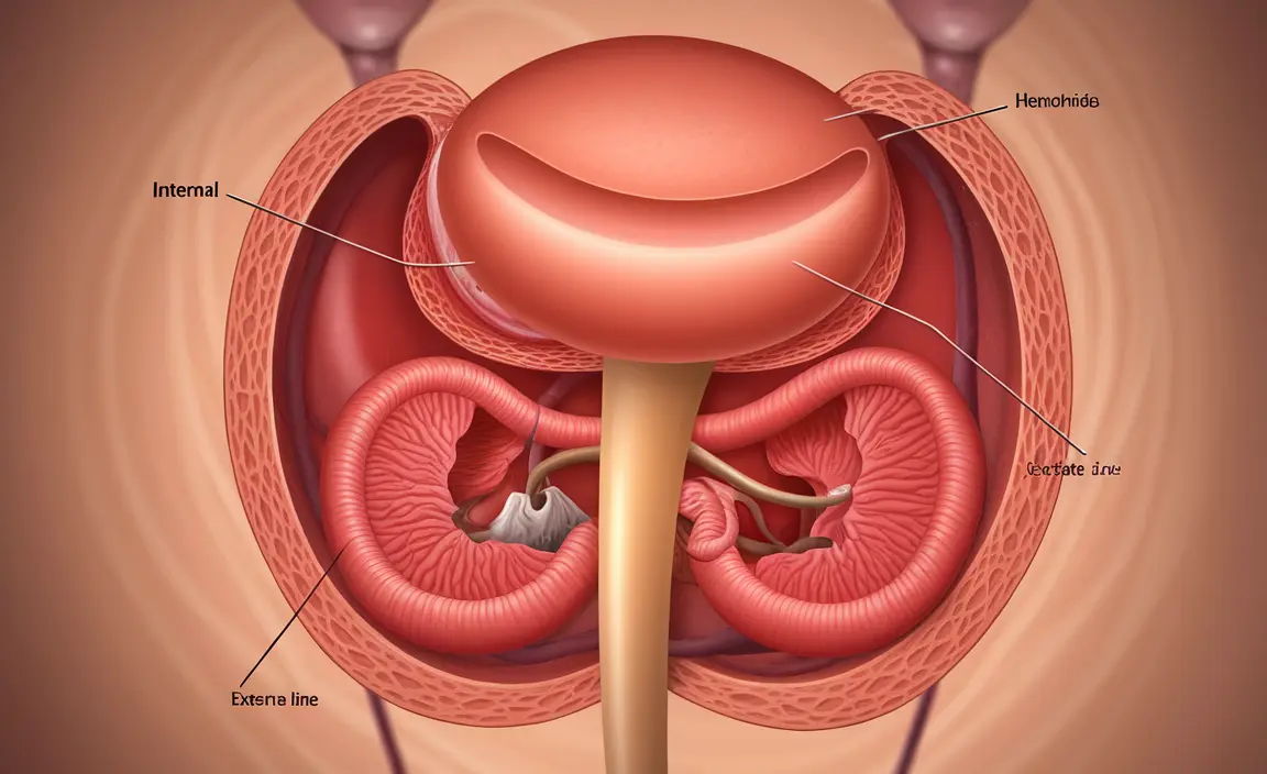 Detailed illustration showing both internal and external hemorrhoids with labeled parts and bright clinical lighting, focusing on anatomical differences for clear understanding.