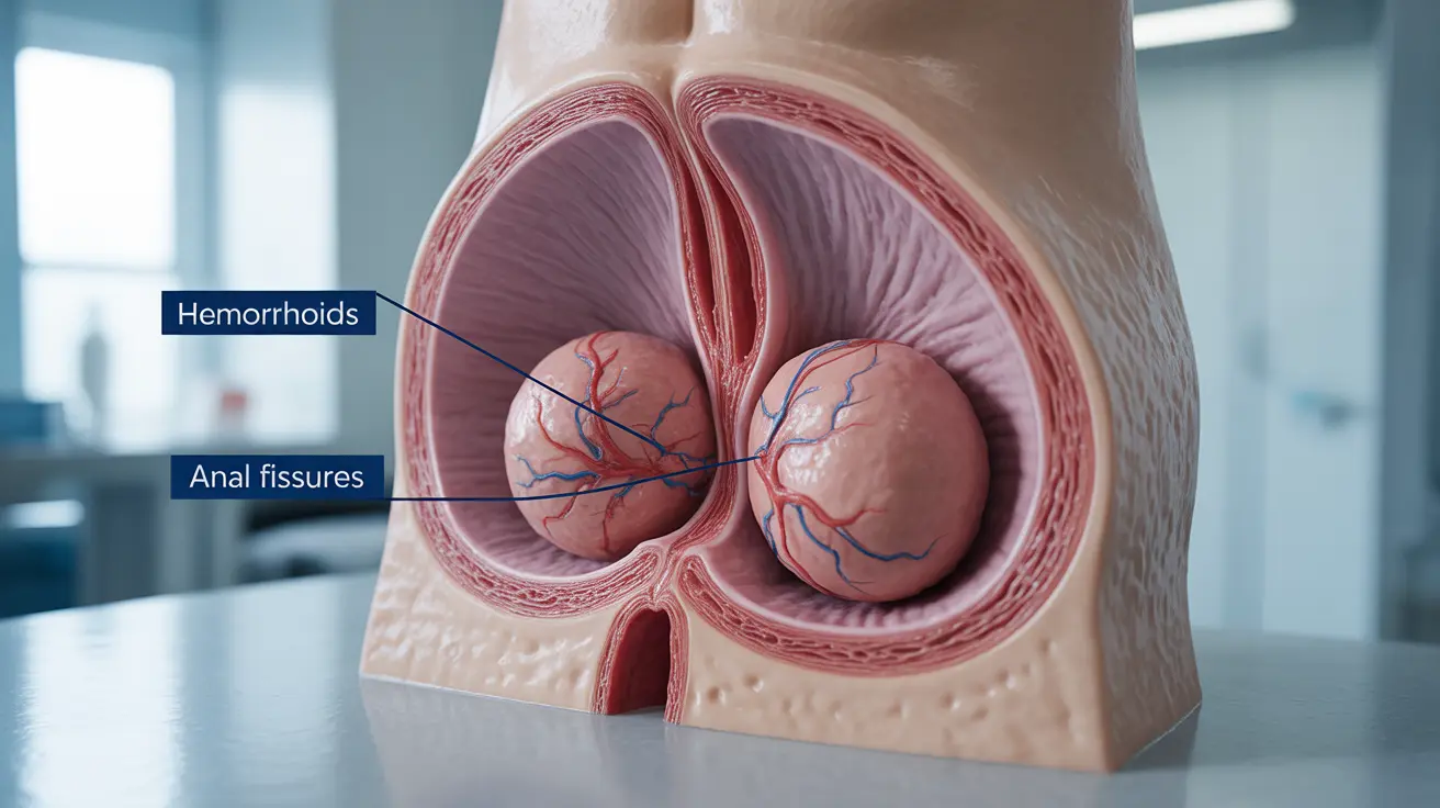 Illustration of anal area cross-section showing hemorrhoids and anal fissures with labeled details in a clinical setting.
