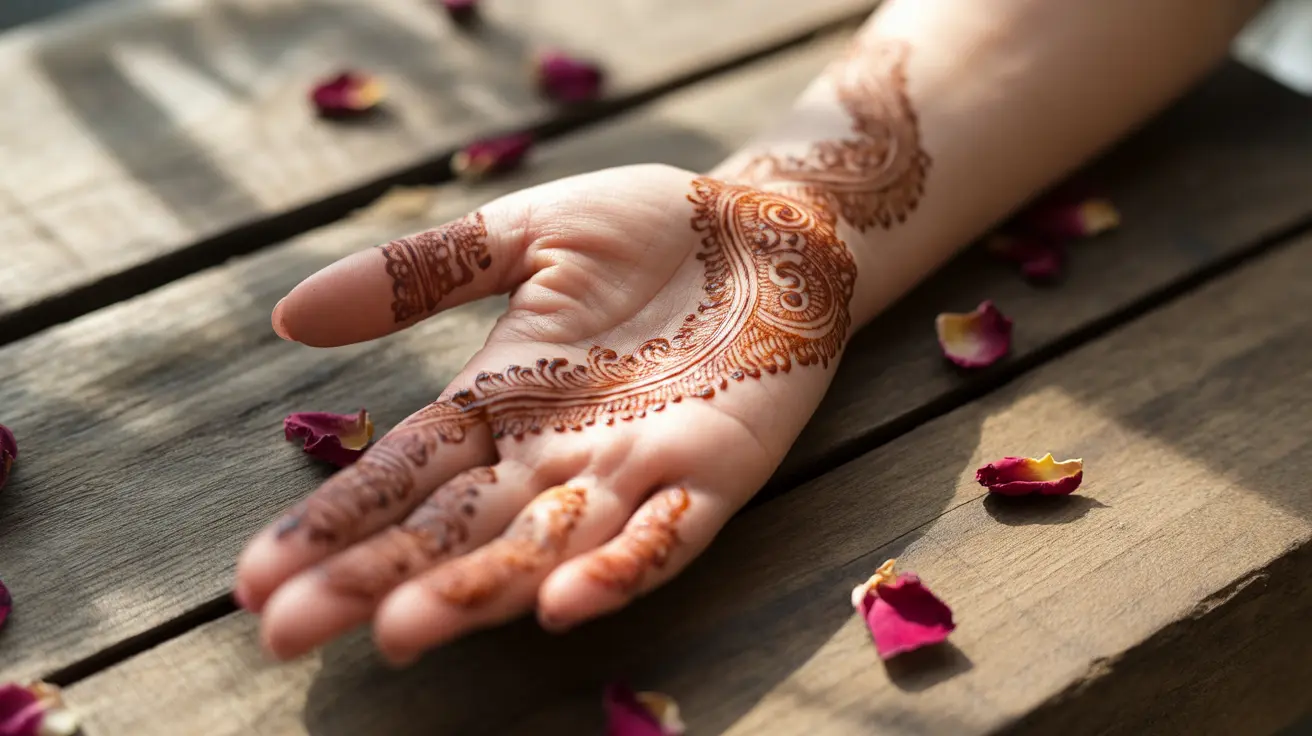 Close-up of a hand with fresh henna design, intricate patterns in reddish-brown on neutral surface with natural lighting