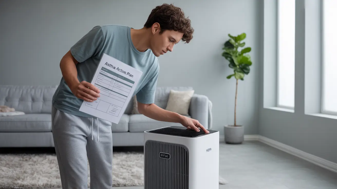 Person adjusting HEPA air purifier in a neat living room, reviewing asthma action plan in soft natural daylight