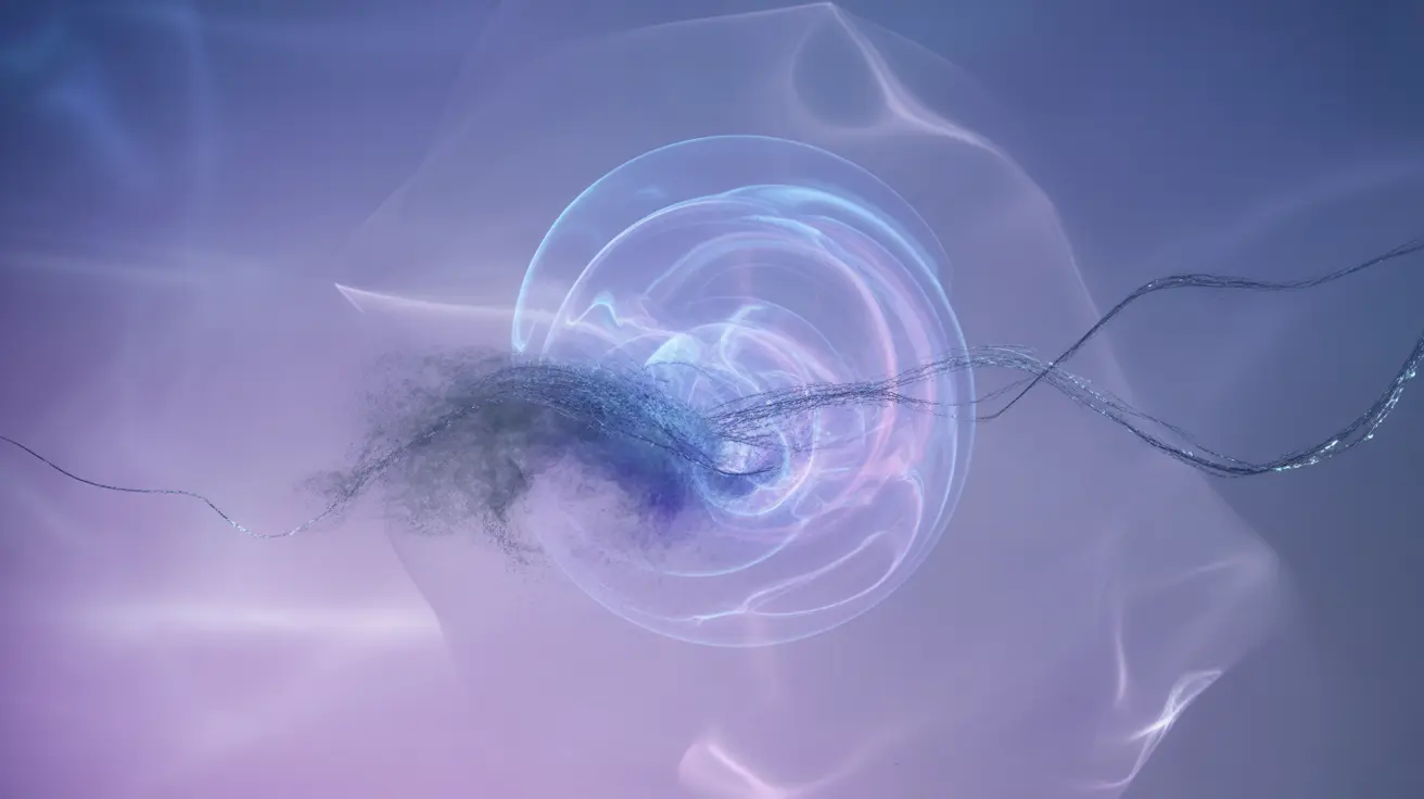 Abstract concept with swirling lines and mist in cool blues and purples, representing brain fog in hepatitis C patients, with a calming disoriented mood.