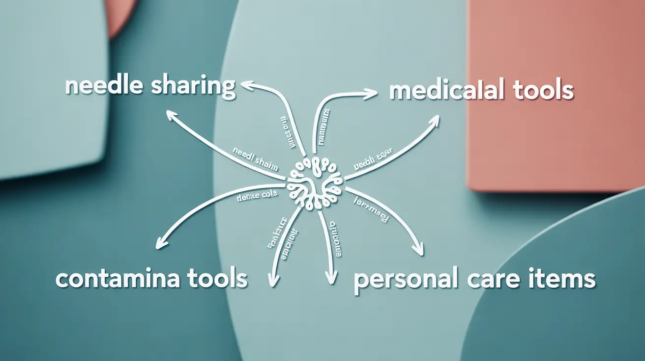 Detailed illustration of hepatitis C transmission routes with labeled pathways for needle sharing, contaminated tools, and personal items, featuring a bold, educational design.