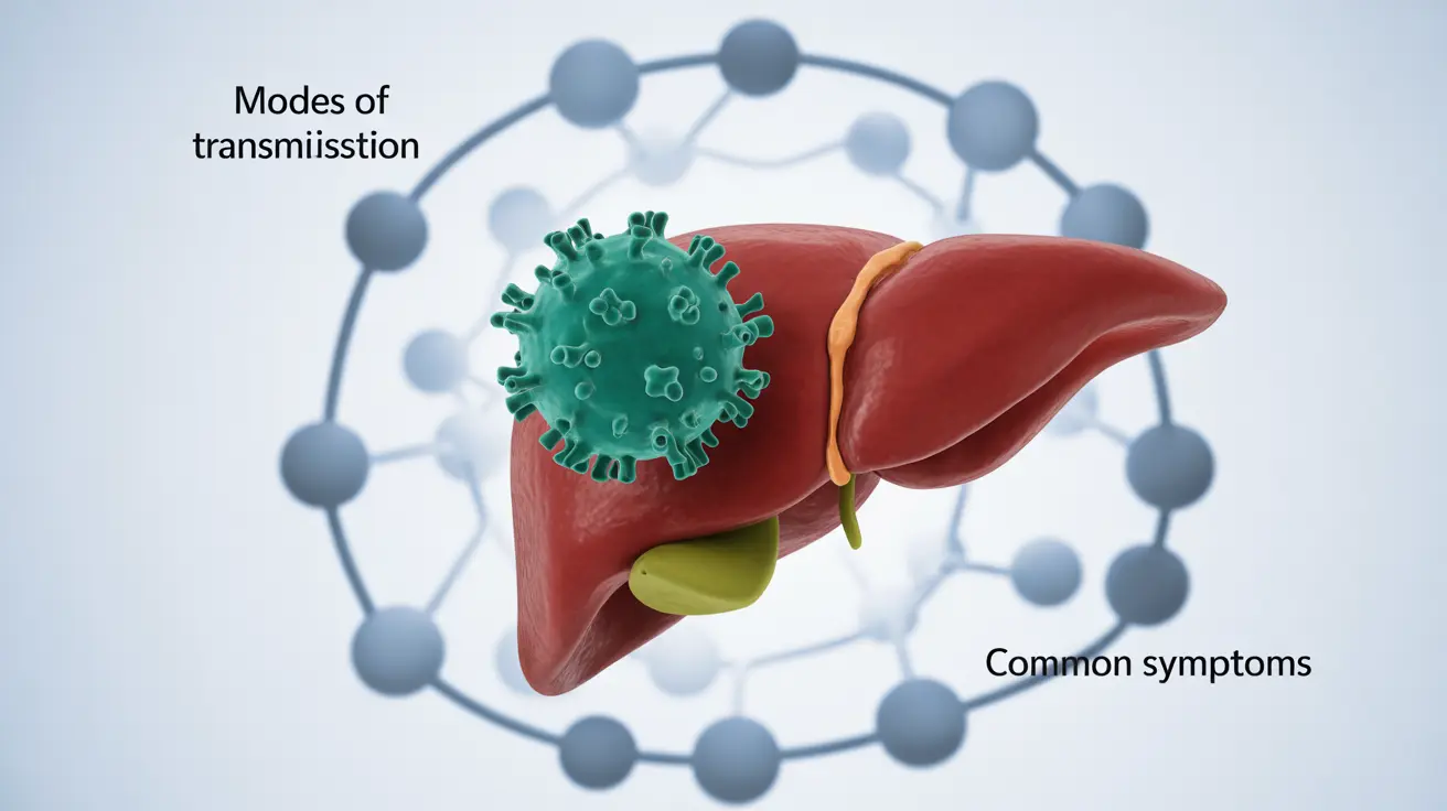Stylized hepatitis C virus interacting with human liver, with flowchart of transmission routes and symptoms on abstract medical background