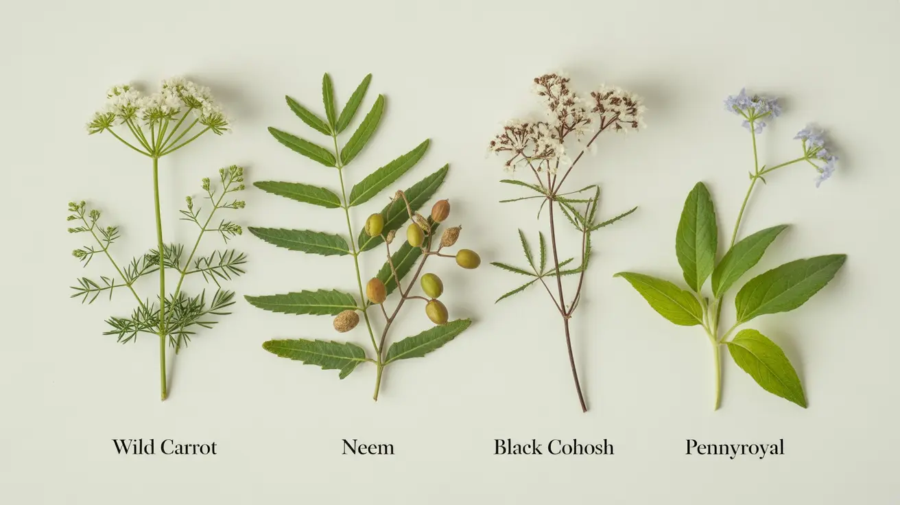 Detailed illustration of commonly referenced herbs for birth control including wild carrot, neem, black cohosh, and pennyroyal, labeled with their names, on a neutral white background, informative clinical style.