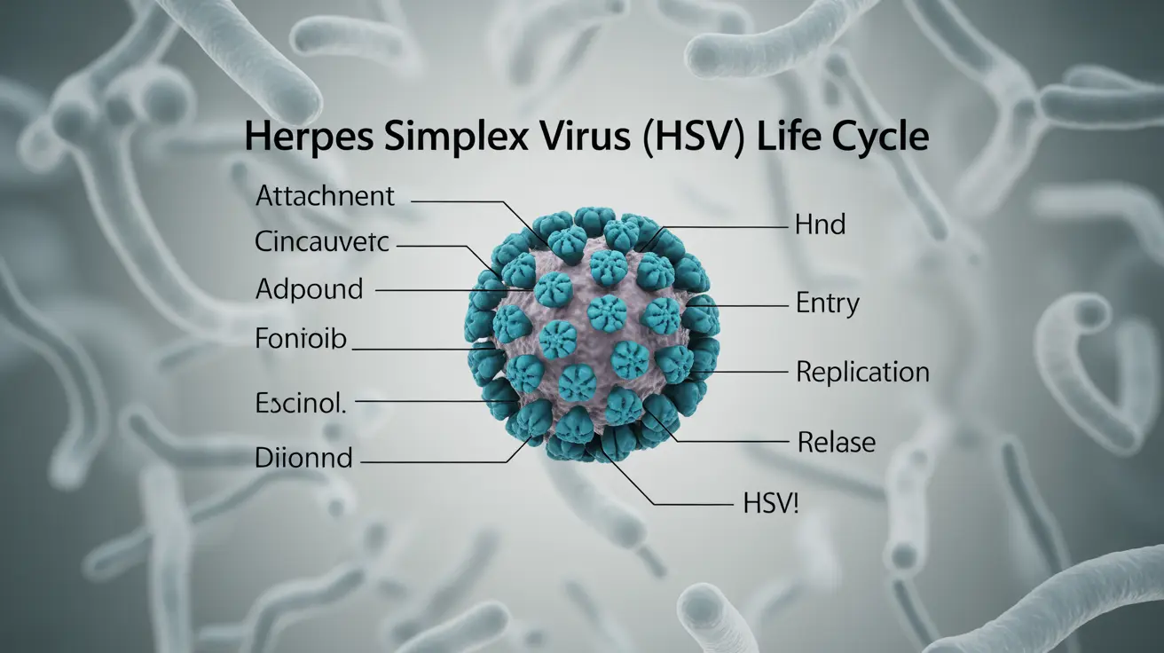 Detailed illustration, Herpes Simplex Virus (HSV) labeled showing life cycle stages and infection sites, abstract scientific background, clean informative style, neutral colors with emphasis on HSV structure, rendering a clear educational visual.
