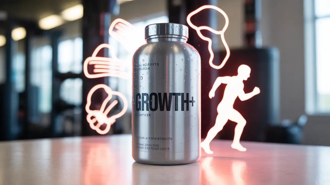 Illustration, HGH supplement bottle with muscle growth, bone density, exercise recovery visualizations, vibrant health-themed background