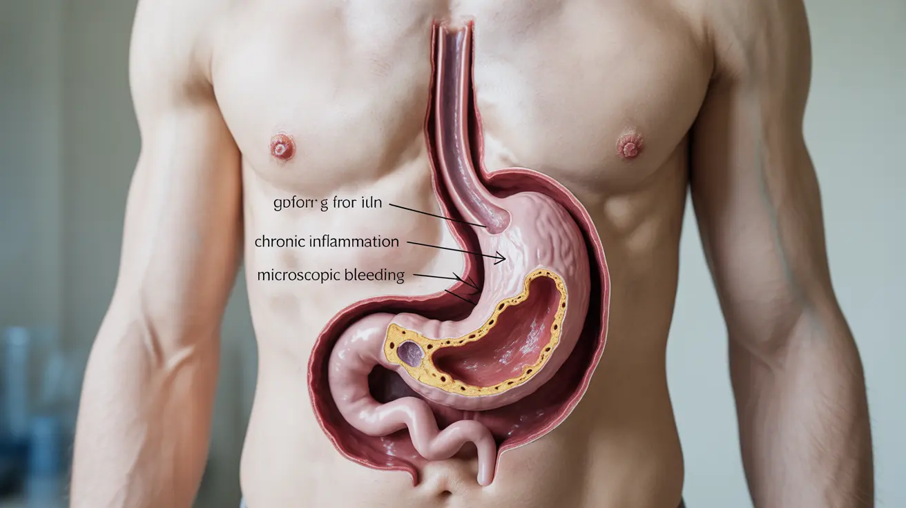 Illustration of stomach pushing through diaphragm showing hiatal hernia with labels for inflammation and bleeding areas, highlighting iron absorption issues