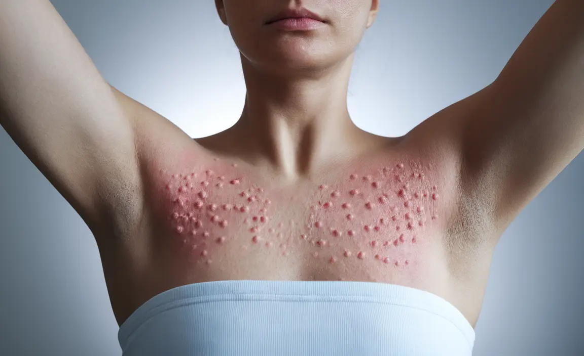 Detailed illustration of skin showing stage 1 hidradenitis suppurativa symptoms including isolated bumps and mild inflammation in armpits and groin areas.