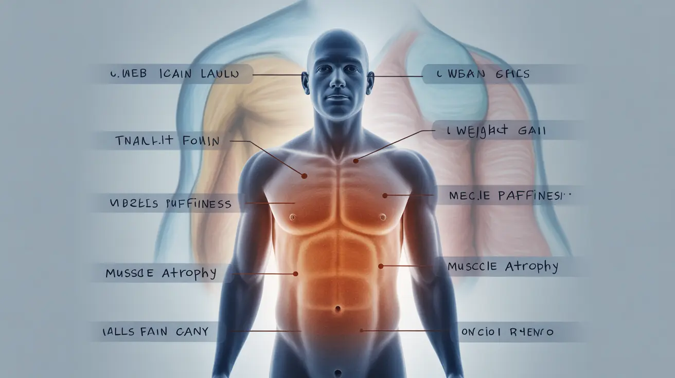 Illustration showing human body with symptoms of high cortisol like weight gain, muscle weakness, and mood changes in a clinical style with labeled areas.