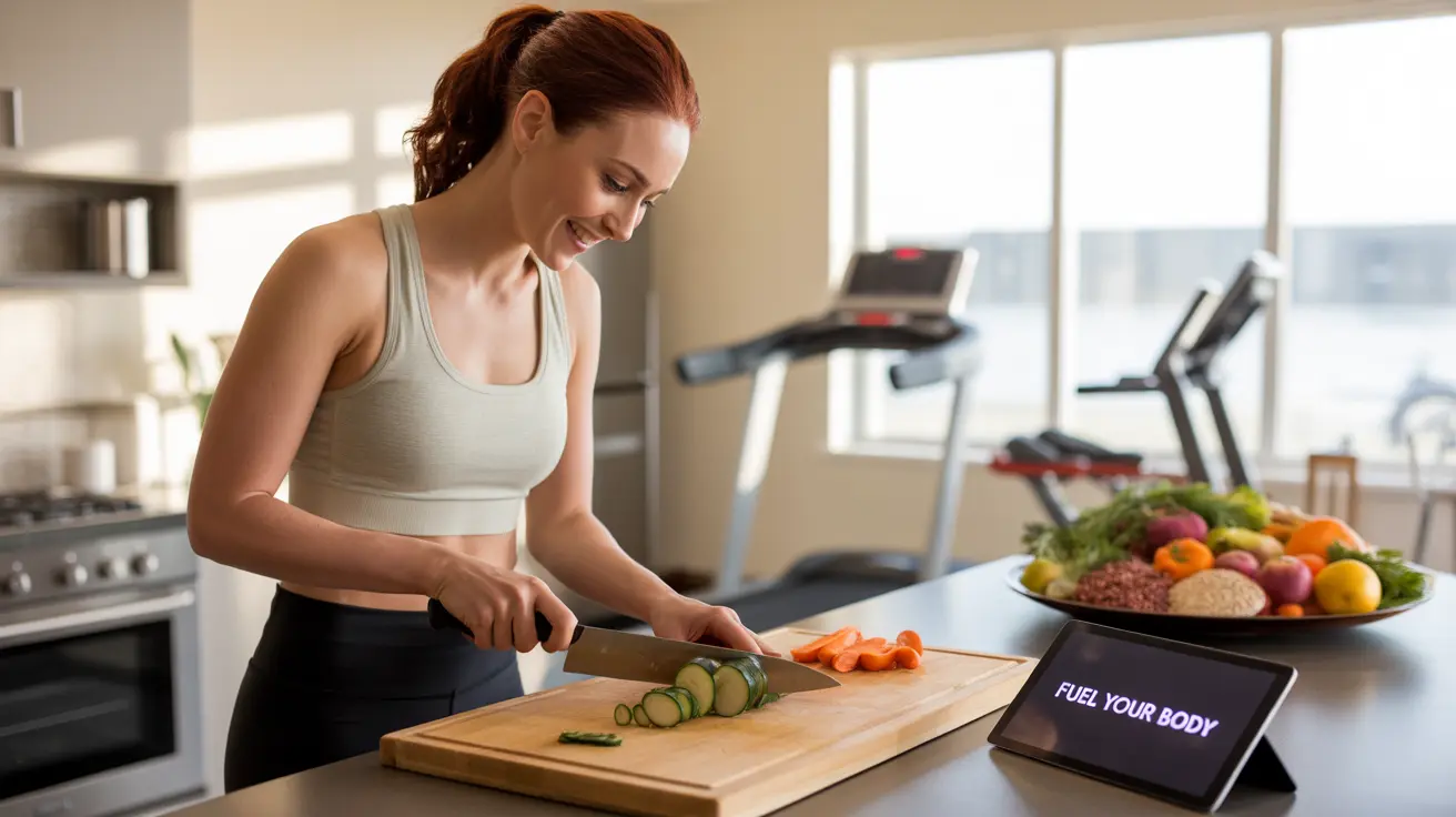 Person in a bright kitchen preparing a high-fiber meal with fruits and vegetables, exercise equipment visible in the background.