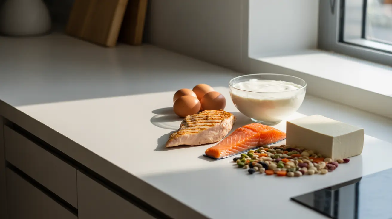 Close-up of high-protein foods including chicken, salmon, eggs, Greek yogurt, legumes, and tofu on a kitchen counter.