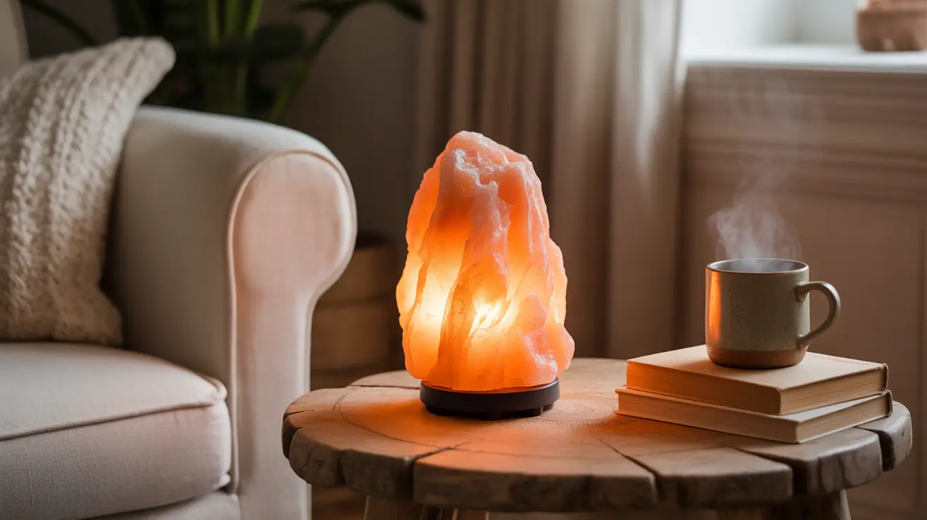 Medium shot of a glowing Himalayan salt lamp in a cozy living room, creating a relaxing atmosphere with inviting and calming mood.