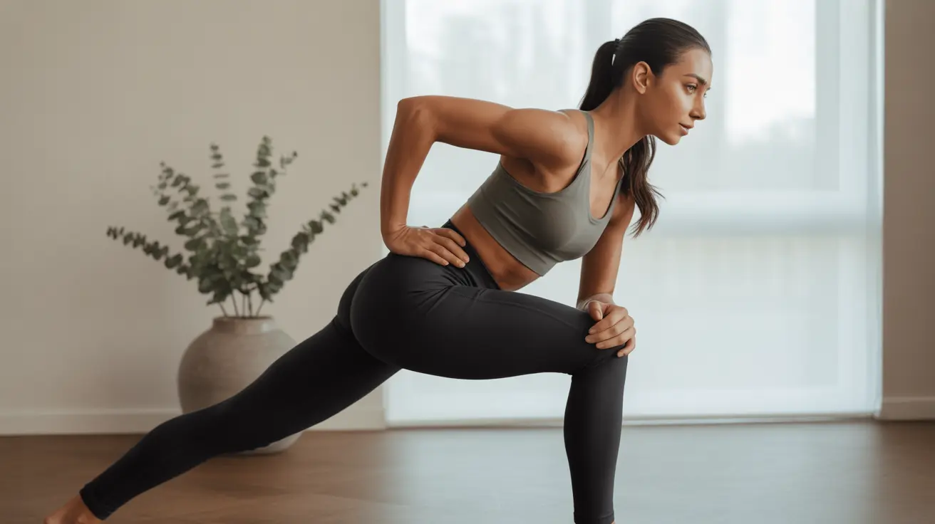 Person in athletic clothing performing a standing hip flexor stretch in a home exercise space with natural daylight