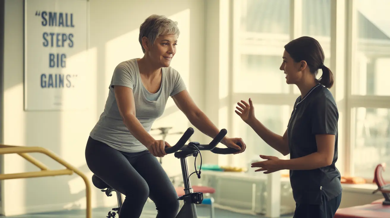 Middle-aged patient performing low-impact exercise with physiotherapist guidance in a rehabilitation gym or park, supportive mood with exercise equipment visible
