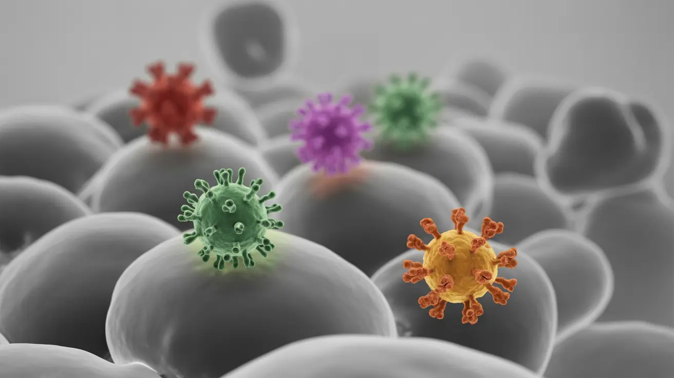 Illustration of HIV, Herpes, HPV, Hepatitis B viruses interacting with human cells in abstract cellular environment