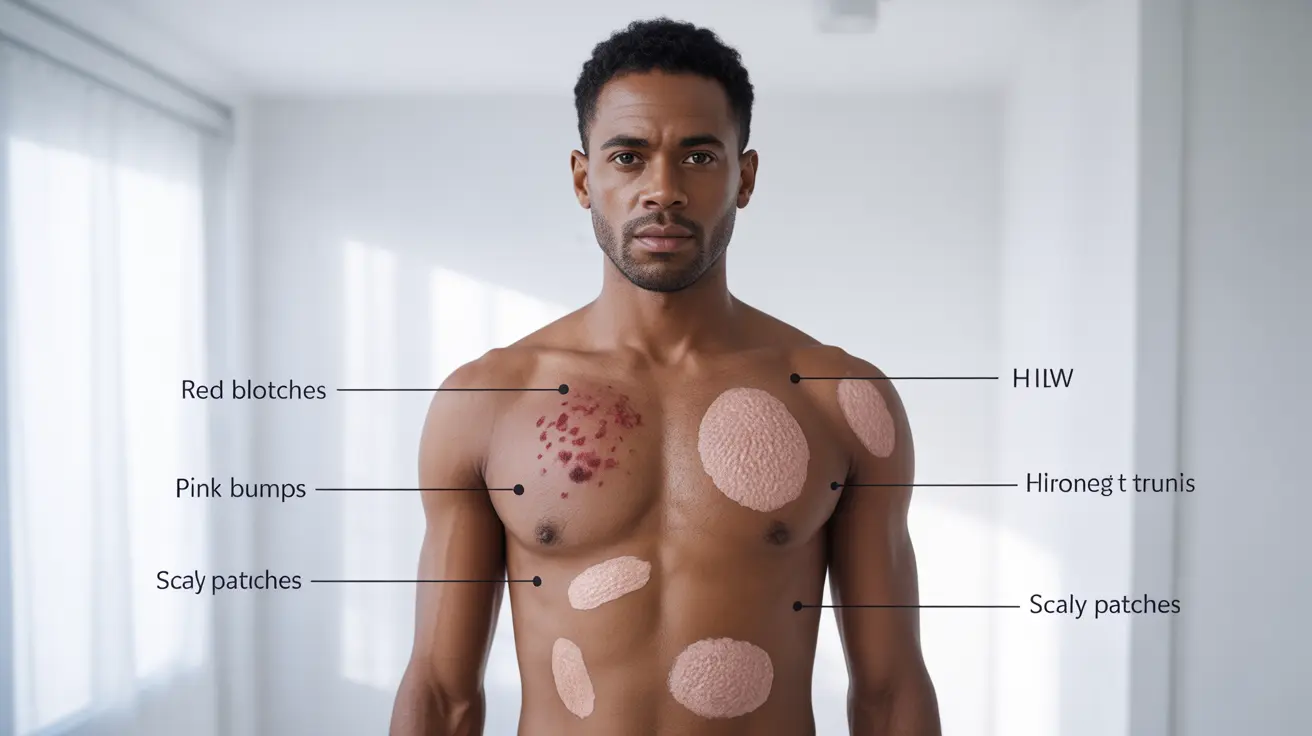 Illustration showing early HIV-related skin symptoms in men, with labeled red blotches, pink bumps, and scaly patches on diverse skin tones