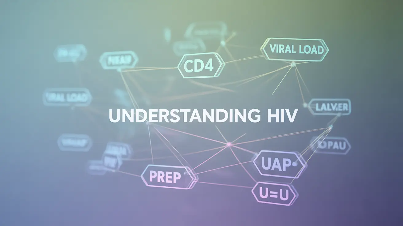 Abstract network of interconnected nodes representing HIV terms like 'CD4', 'PrEP', 'U=U', emphasizing language evolution.