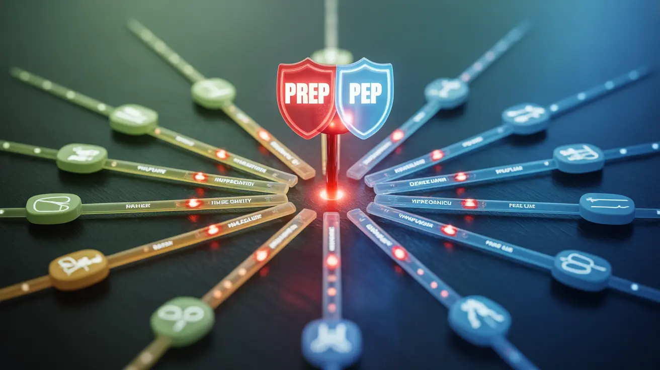 Abstract image showing HIV transmission factors, viral loads, exposure types, prevention symbols like PrEP and PEP, and healthcare icons in educational tones