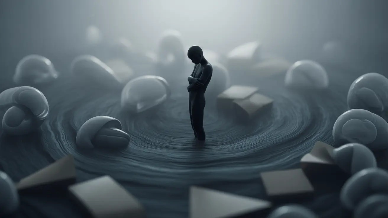 Silhouette of a person with swirling thought bubbles symbolizing anxiety related to hoarding OCD in a dim, abstract environment
