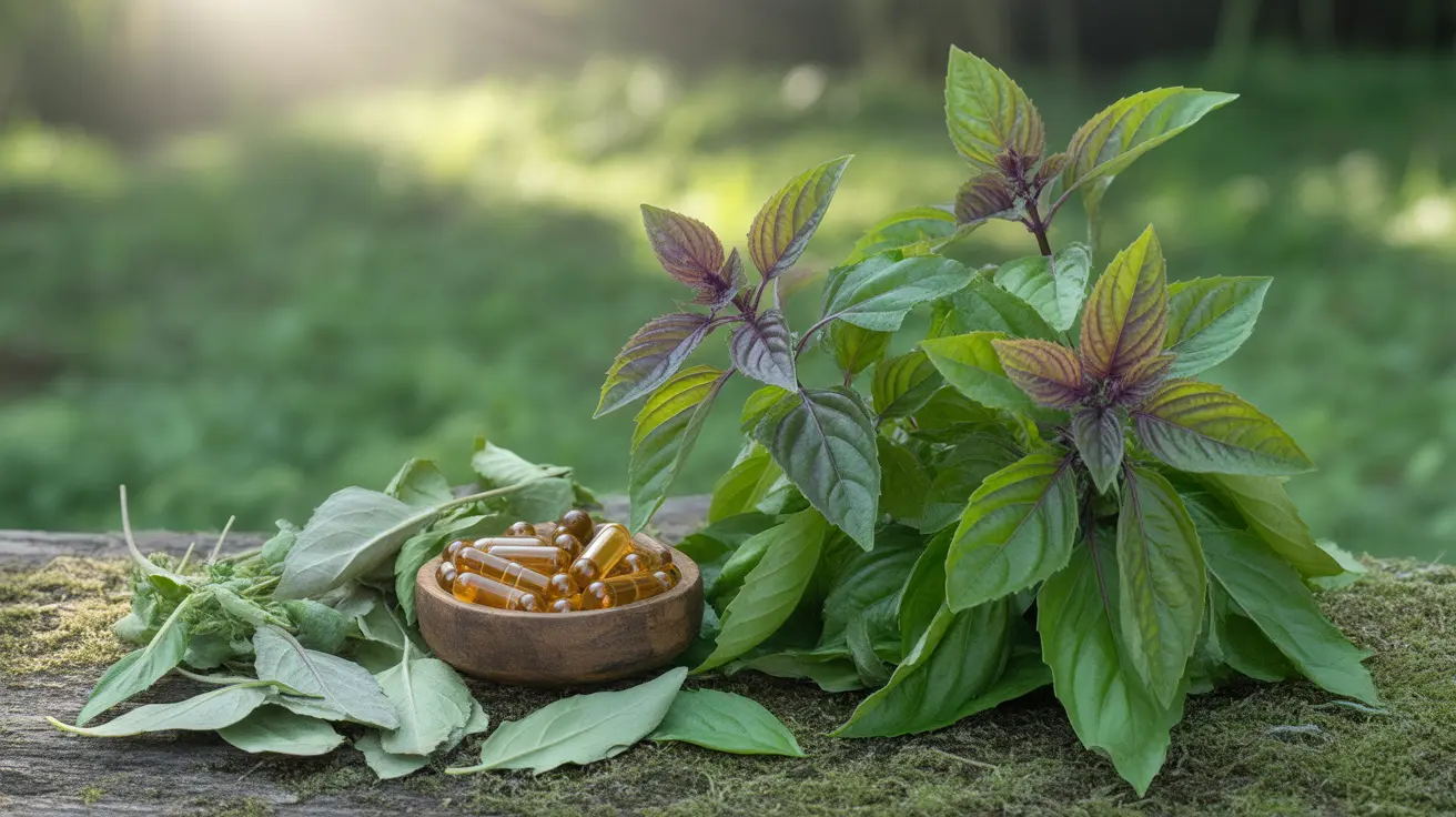 Detailed illustration of fresh holy basil (tulsi) leaves alongside dried leaves for tea and capsules in a lush green background illuminated by soft natural daylight