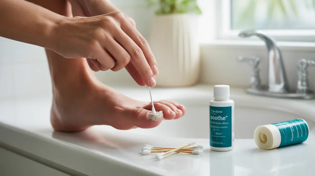 Close-up of hands applying antiseptic to a broken toenail with a cotton swab, on a bathroom countertop with care items nearby