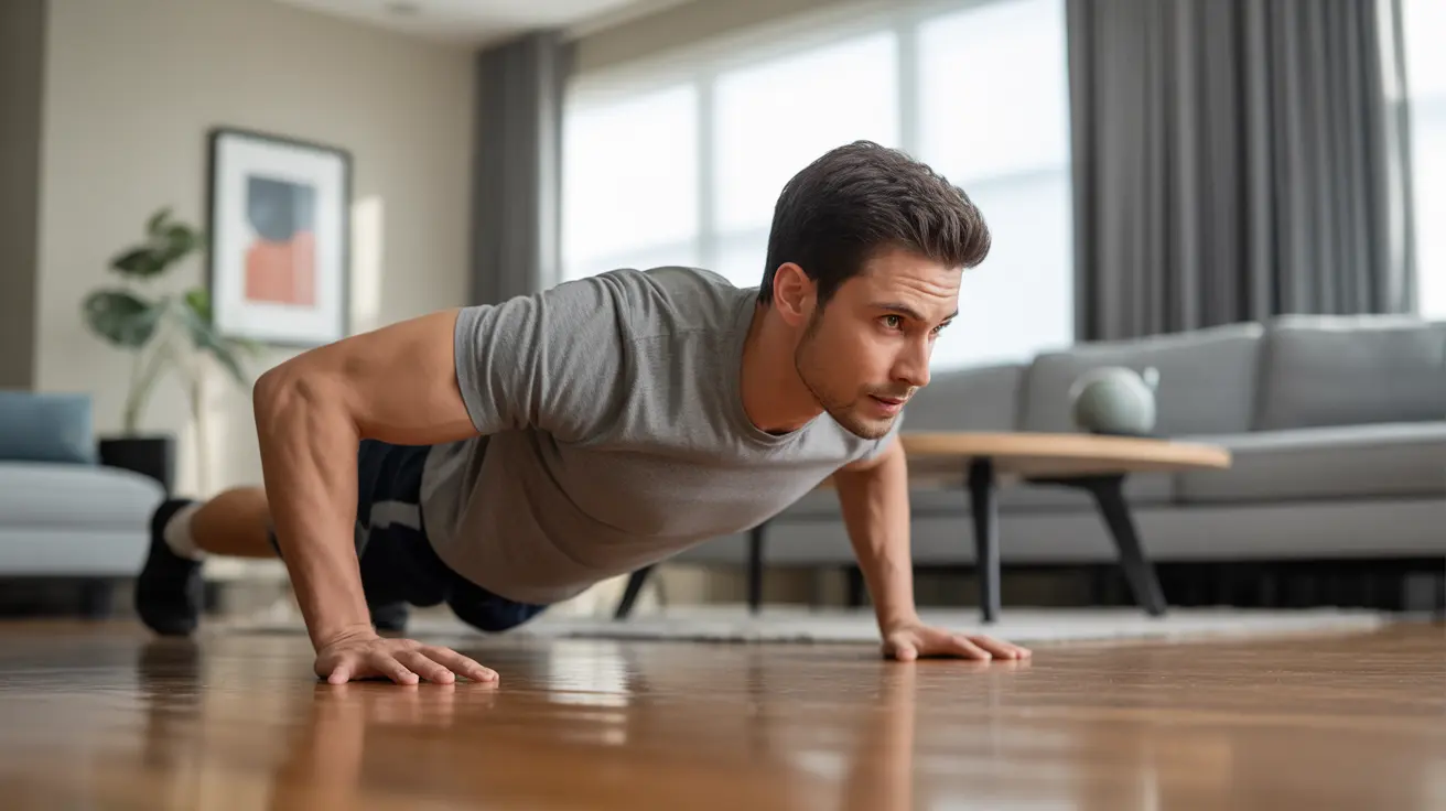 Person doing a standard push-up in a living room, bright daylight, wooden floor, minimal furniture, focused expression