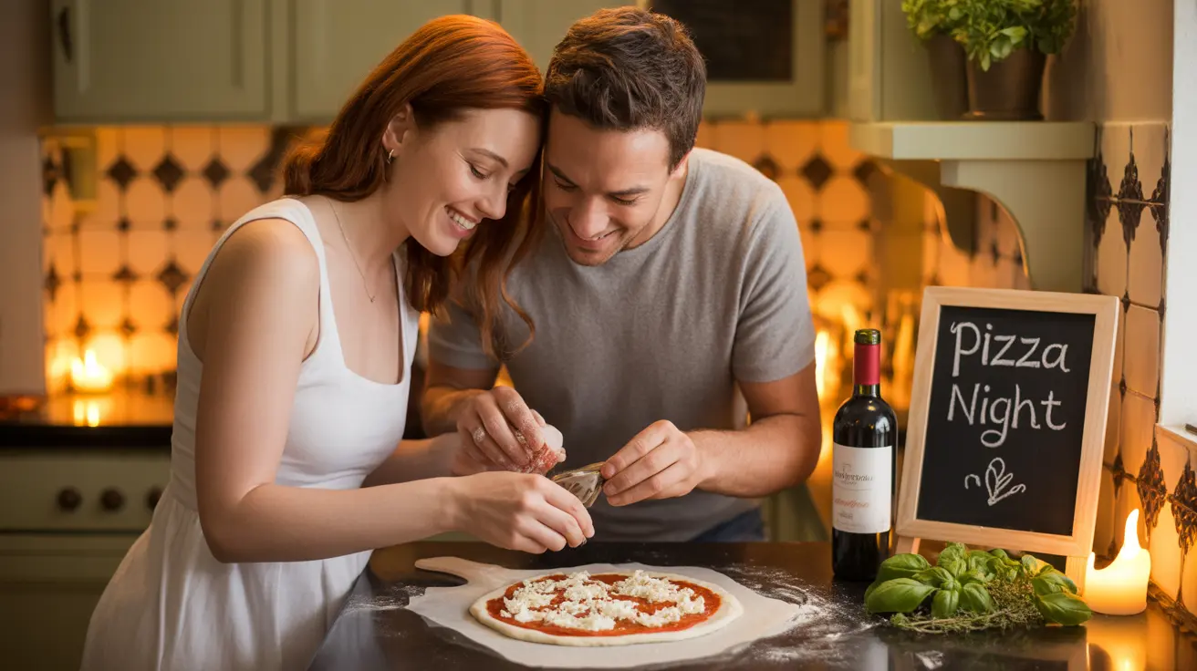 Intimate close-up of a couple making pizza in a cozy kitchen with romantic lighting, candles, and soft decor.