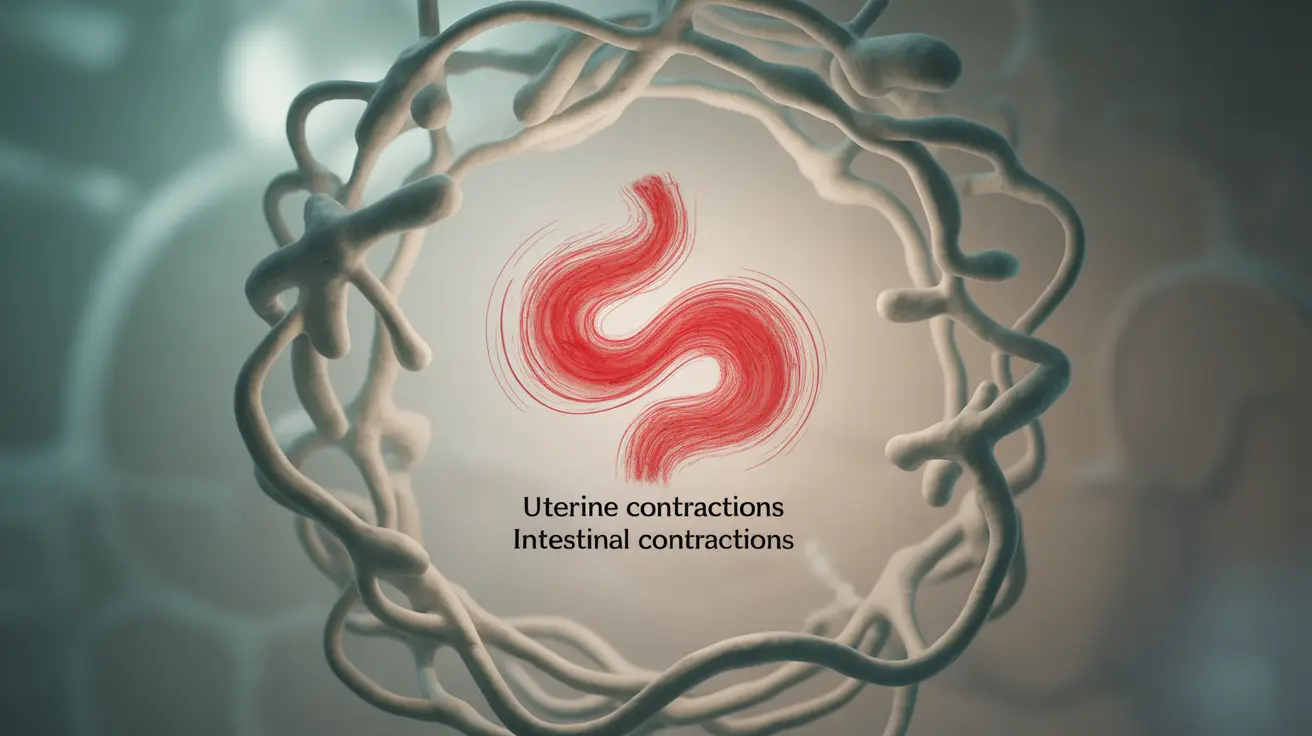Illustration depicting prostaglandins' hormonal impact on uterine and intestinal contractions during menstruation against anatomical background