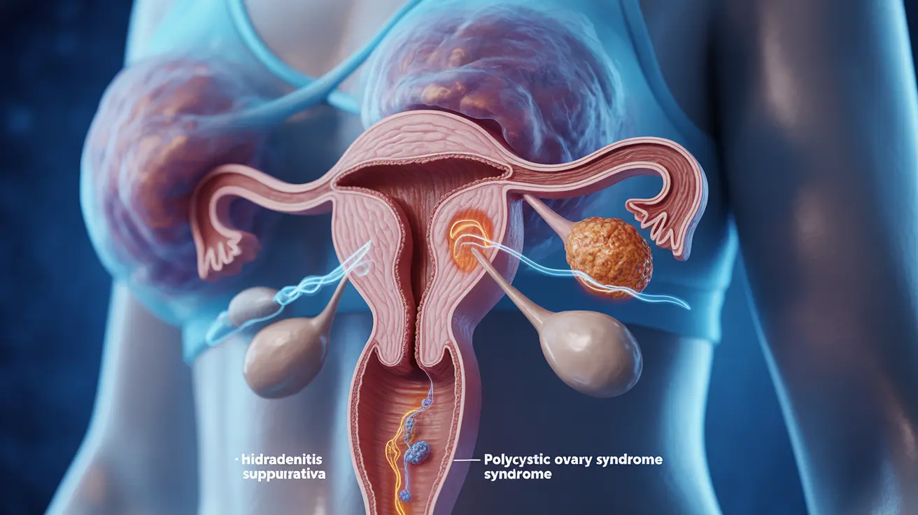 Illustration showing hormonal systems connected to skin and ovaries affected by hidradenitis suppurativa and PCOS, with inflamed regions and hormonal pathways.