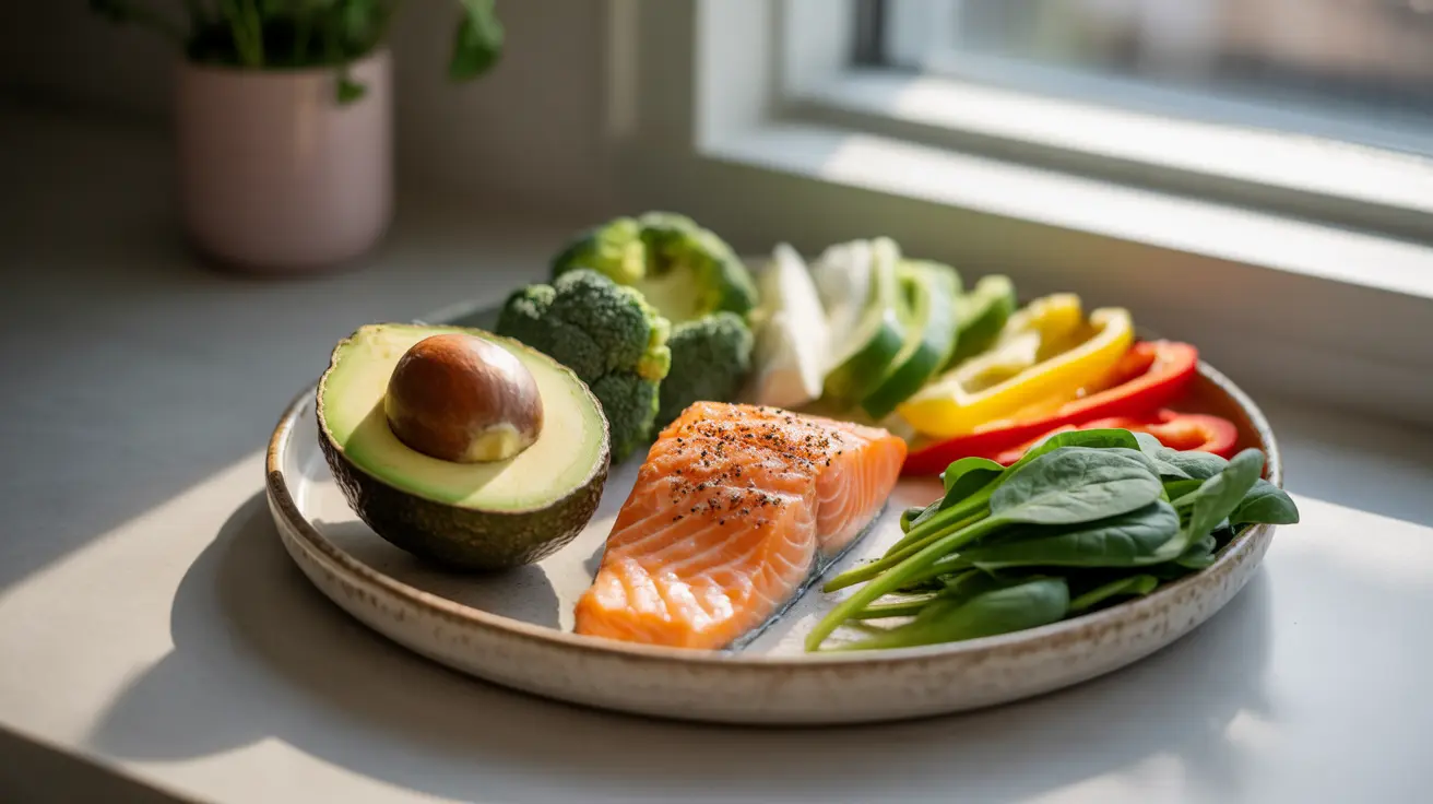 Detailed illustration of a kitchen counter filled with hormone-supporting foods, including avocados, fatty fish, and fiber-rich vegetables, illuminated by bright natural light.