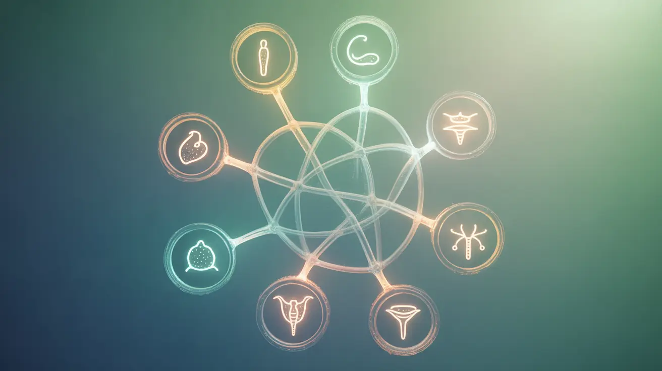 Abstract concept with hormone symbols like insulin and cortisol, depicted as pathways on a gradient blue-green background