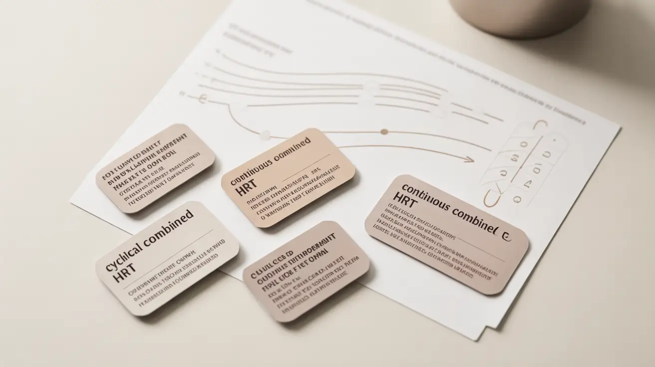 Detailed illustration showcasing various hormone replacement therapy patches, with labels indicating the differences between cyclical and continuous combined HRT, against a clean, clinical infographic background.