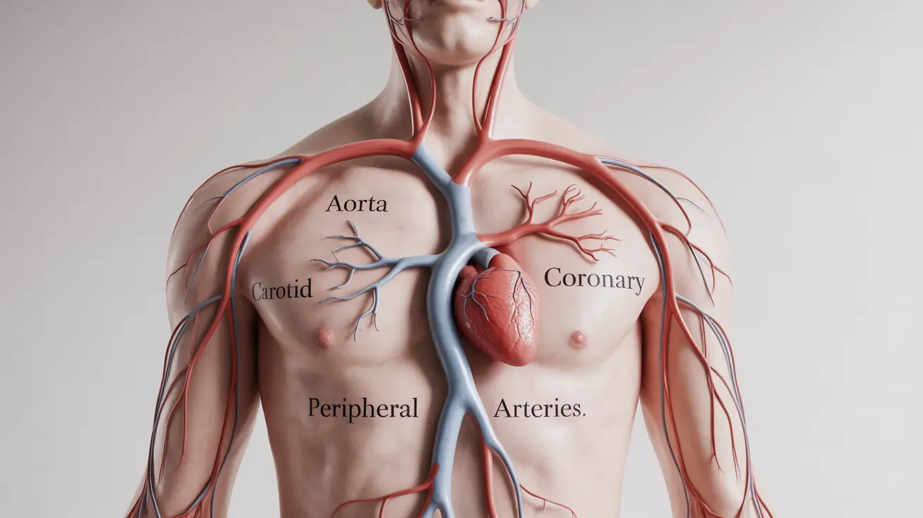 Detailed illustration of the human arterial system with labels for aorta, carotid, coronary, and peripheral arteries on a white background