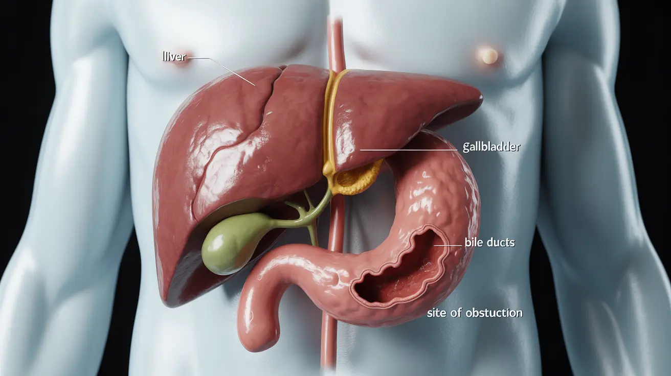 Detailed illustration of the human bile duct system, labels showing liver, gallbladder, bile ducts, and site of obstruction with clinical lighting.