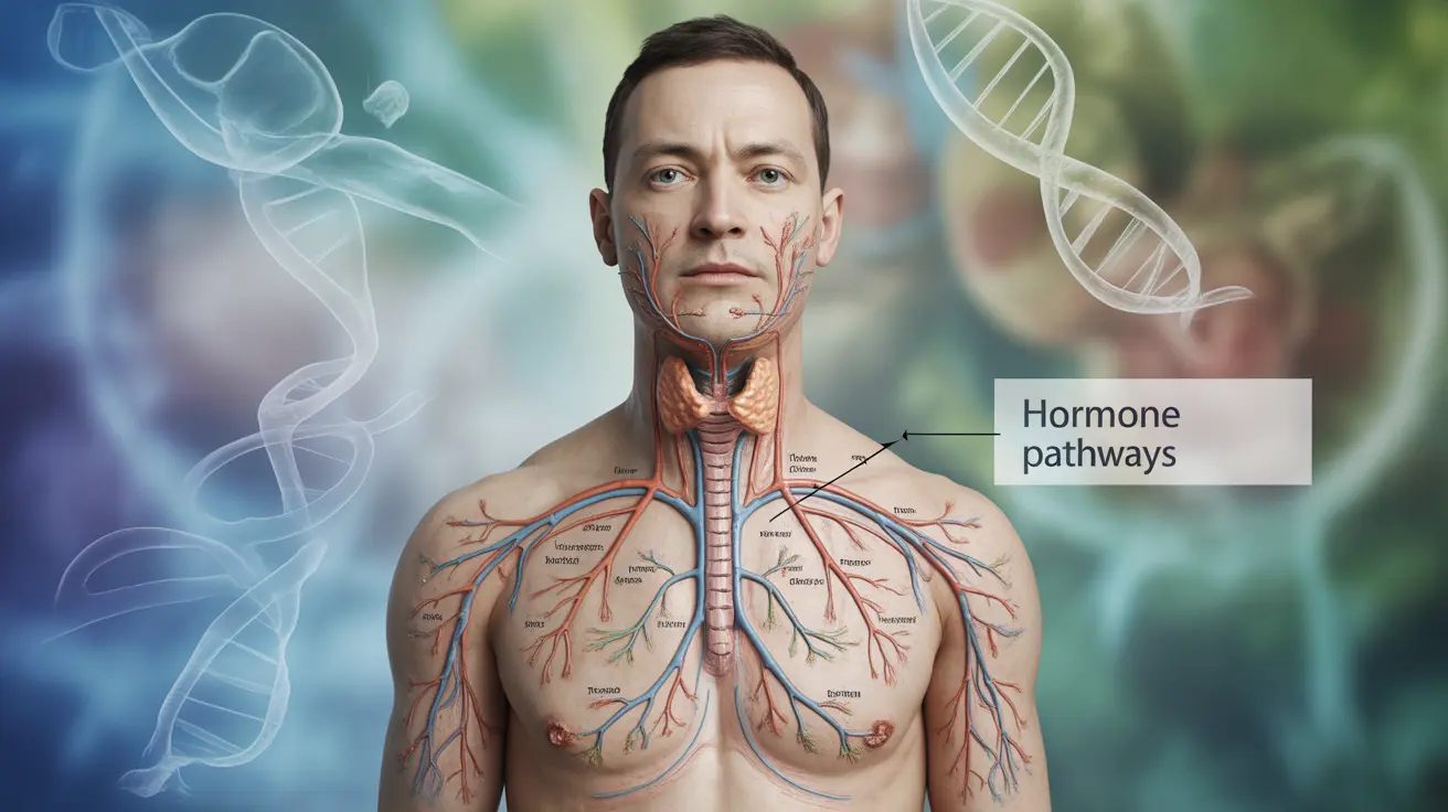 Detailed illustration of the human body highlighting the endocrine system, with emphasis on glands like thyroid and adrenal glands against an abstract background.