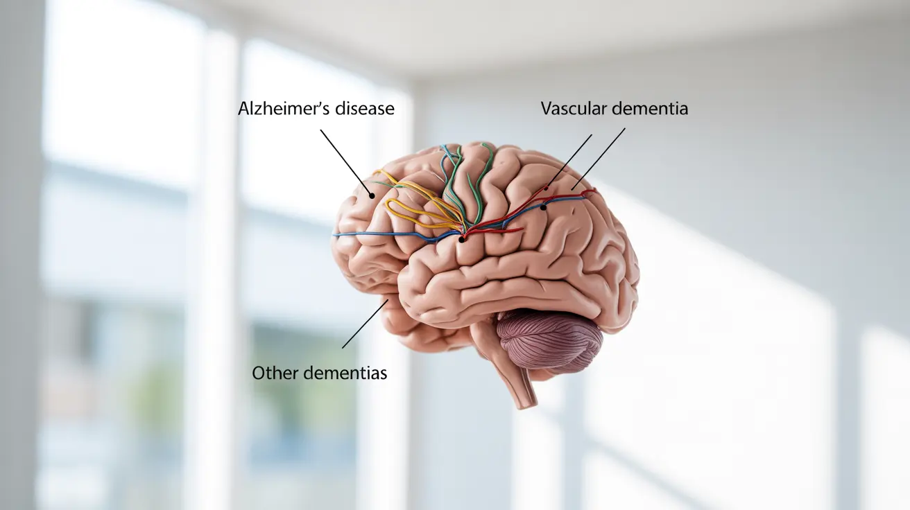Detailed illustration of the human brain showing highlighted areas affected by Alzheimer's disease, vascular dementia, and other dementia types, with clean, bright background and clear labels.