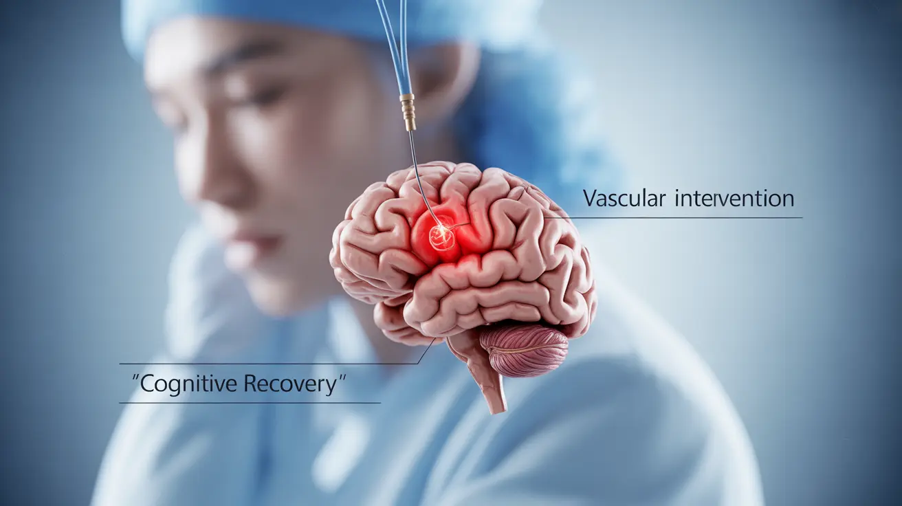 Detailed illustration of a human brain with highlighted areas showing an aneurysm, depicting the endovascular coiling process with educational labels about cognitive recovery.