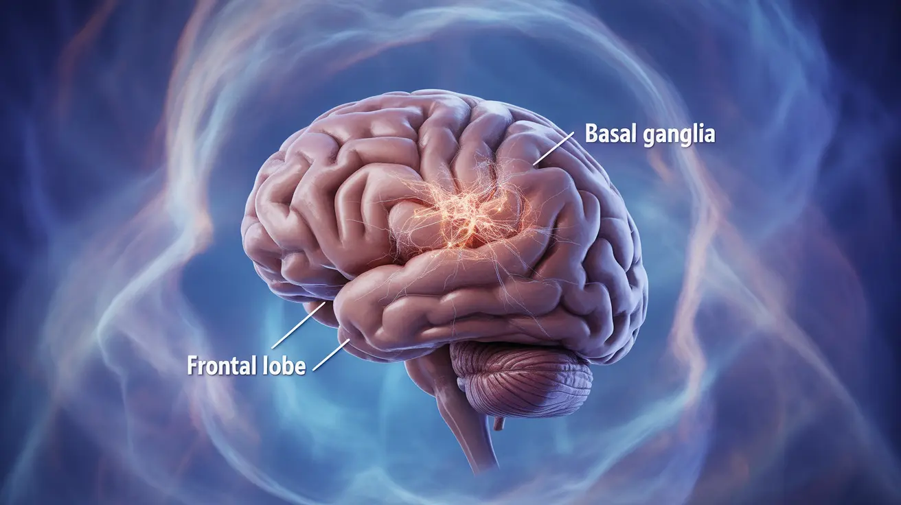 Detailed illustration of the human brain focusing on the frontal lobe and basal ganglia, highlighting disrupted neural pathways associated with abulia.