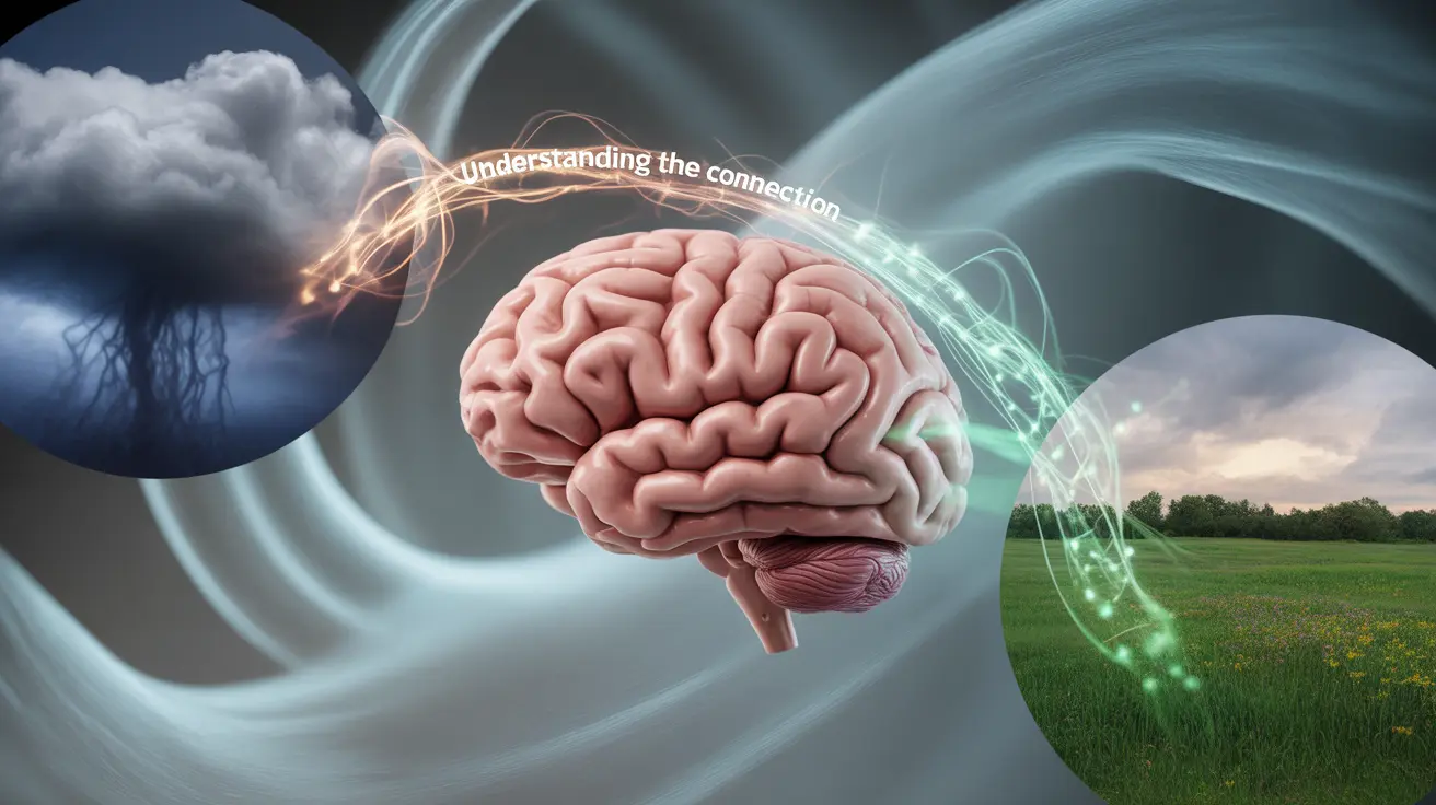 Illustration of a human brain with genetic strands and environmental elements, representing genetics and environmental influences on depression.