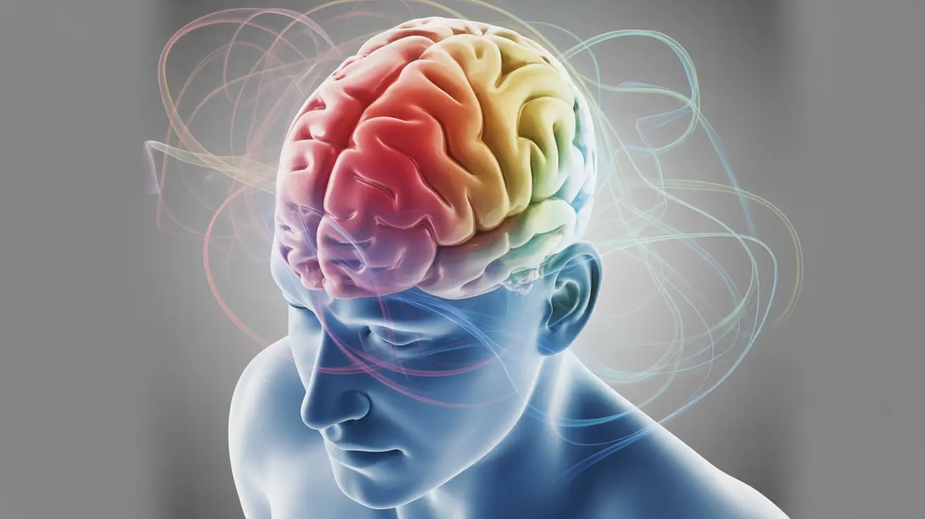 Detailed anatomical illustration of the human brain, highlighting headache pain areas and neural pathways in bright colors.