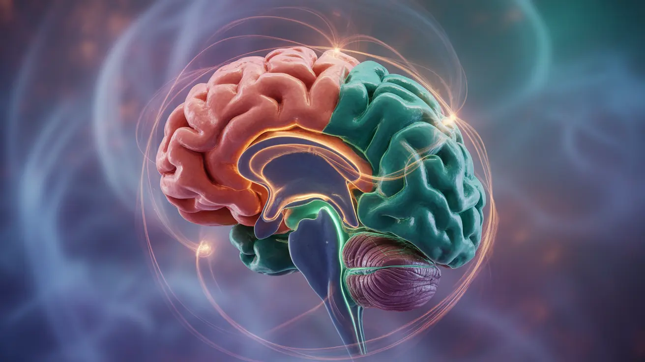 Detailed illustration of the human brain focusing on the hippocampus and amygdala, with interconnected neural networks emphasizing episodic memory processes.
