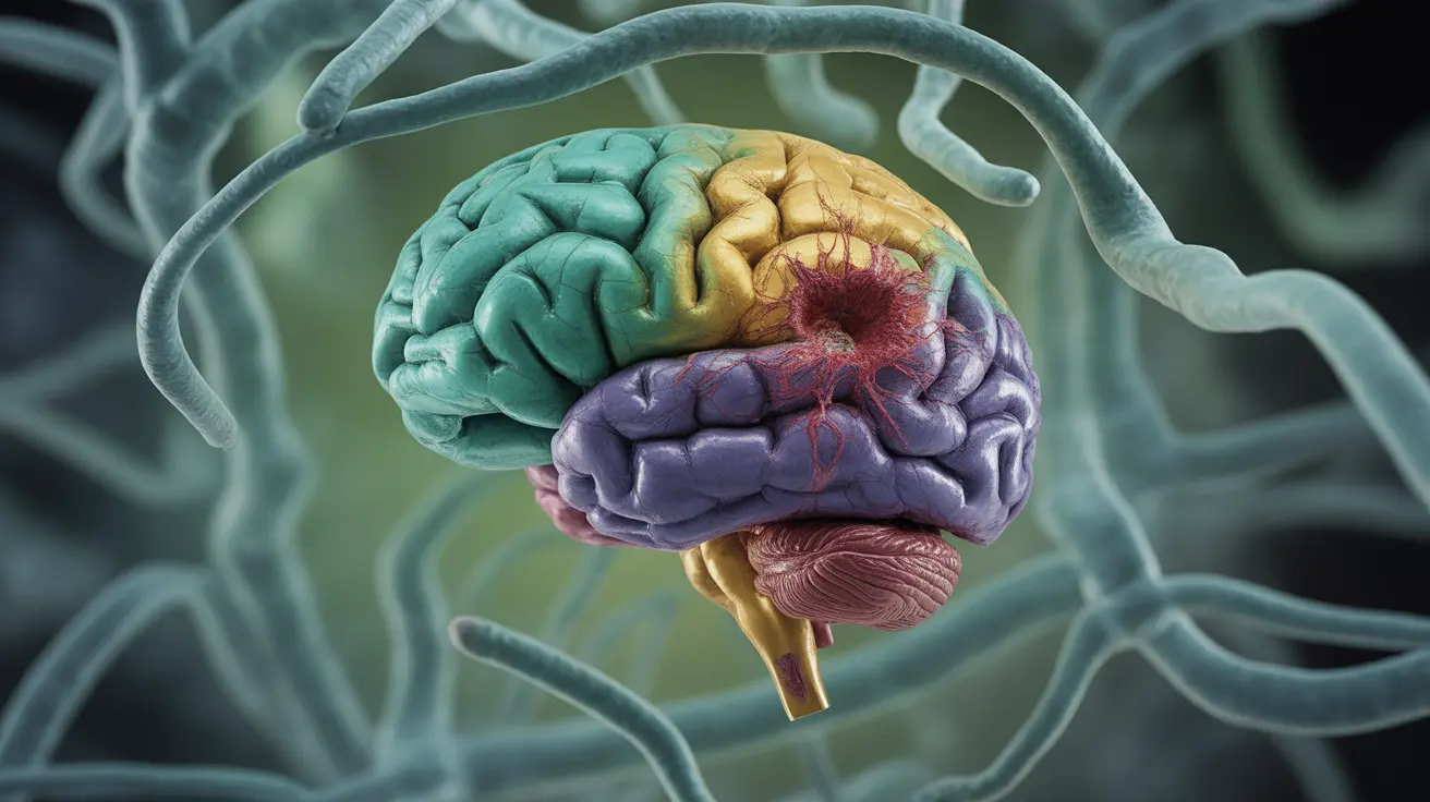 Detailed illustration of a human brain highlighting areas affected by inhalant abuse, with bright colors for healthy areas and darker areas for damage