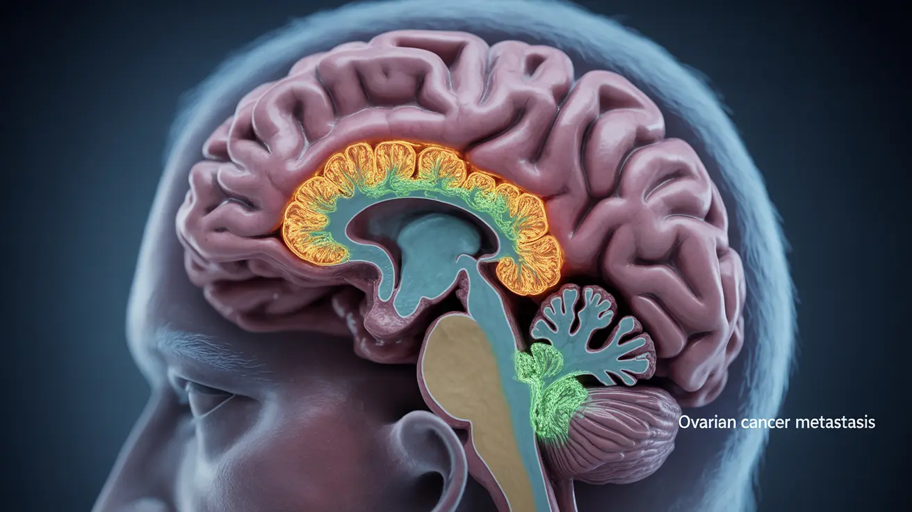 Detailed illustration showing a cross-section of the human brain with highlighted areas representing metastatic tumors from ovarian cancer.