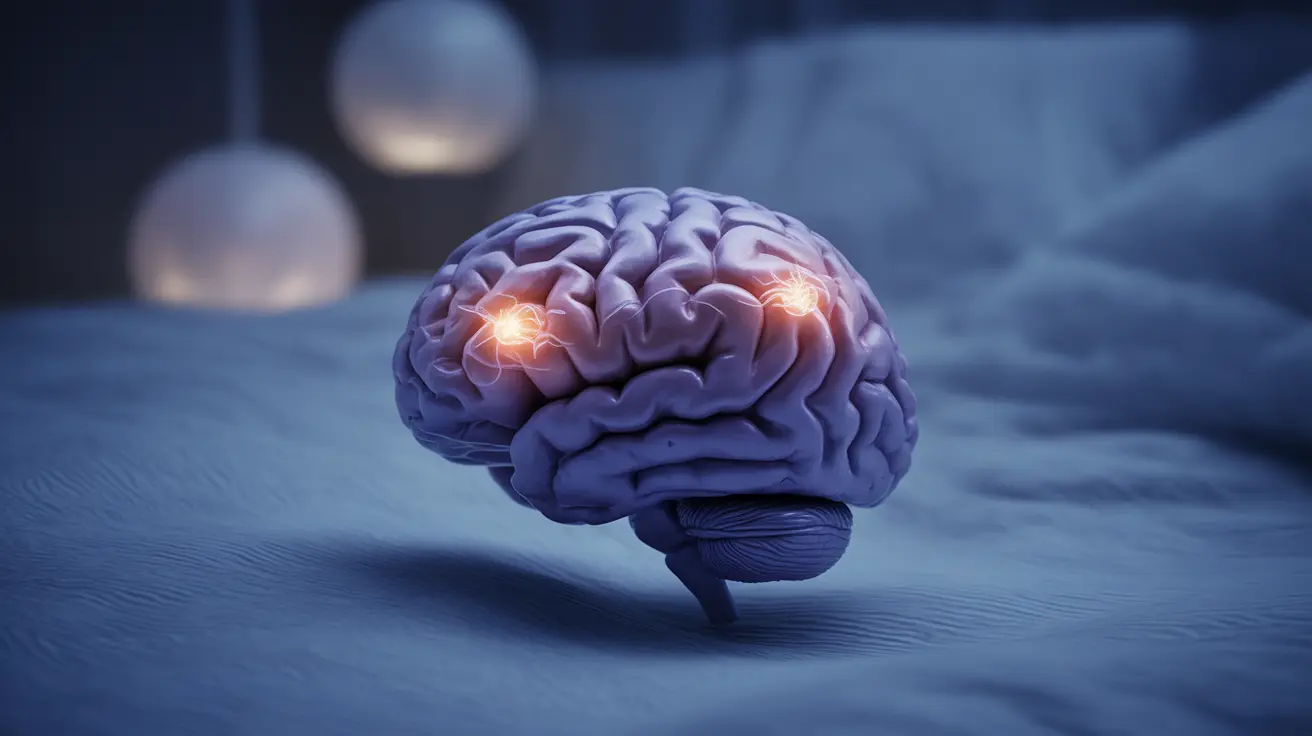 Detailed illustration of the human brain highlighting areas related to narcolepsy, depicting symptoms like daytime sleepiness and muscle loss, set in a calming sleep environment.
