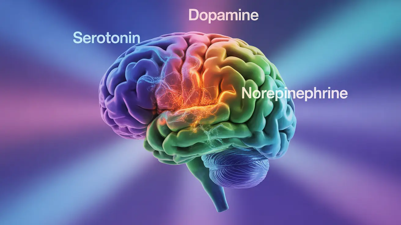 Detailed illustration of the human brain focusing on the release and interaction of serotonin, dopamine, and norepinephrine, with bright colors and labeled pathways.